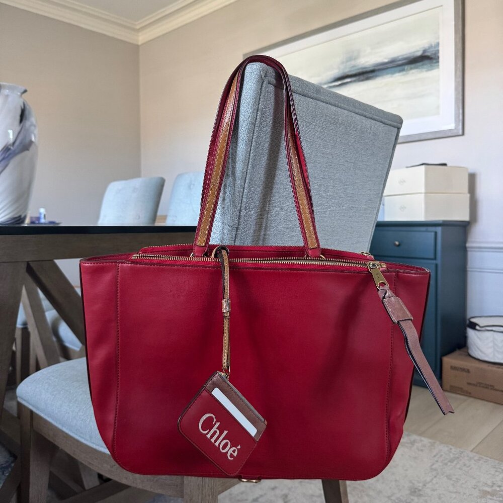 Chloé Red Leather Tote Bag with Tan Accents